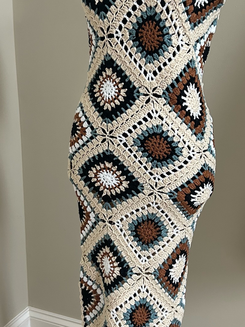 Elan Crochet Midi Skirt in Cream, Brown & Teal